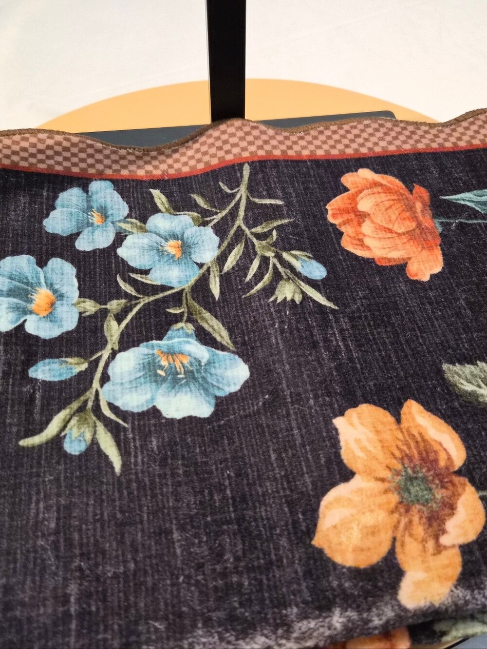 Floral Print Black Midi Skirt with Blue and Orange Blooms